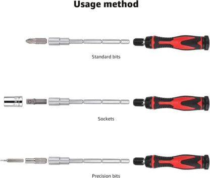 Amazon Basics 73-Piece Magnetic Ratcheting Wrench and Electronics Precision Screwdriver Set, Black/Red/Silver