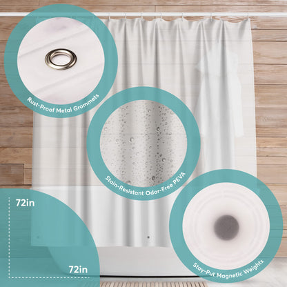 Luxury Hotel Use – 72 x 72 PEVA Heavy Duty Shower Curtain with Rustproof Metal Grommet and 3 Magnetic Weights – Odor Free and Compatible with Standard Showers, Clear