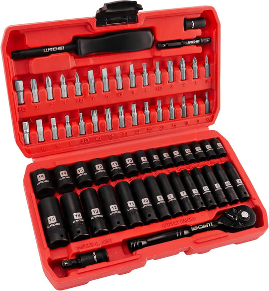 LLNDEI 1/4" Drive Socket Wrench Set, 1/4-Inch Impact Socket Set Metric(4-15mm) Deep and Shallow 6 Point, CR-V, 63PCS with 72T Ratchet Wrench Handle for Household&Automotive Repairing