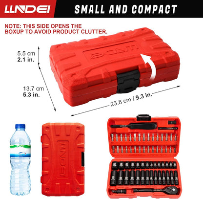 LLNDEI 1/4" Drive Socket Wrench Set, 1/4-Inch Impact Socket Set Metric(4-15mm) Deep and Shallow 6 Point, CR-V, 63PCS with 72T Ratchet Wrench Handle for Household&Automotive Repairing