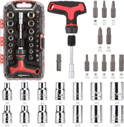 Amazon Basics 73-Piece Magnetic Ratcheting Wrench and Electronics Precision Screwdriver Set, Black/Red/Silver