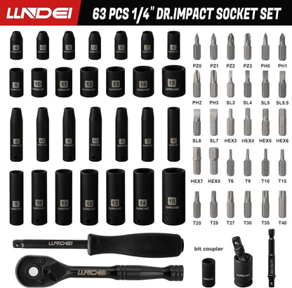 LLNDEI 1/4" Drive Socket Wrench Set, 1/4-Inch Impact Socket Set Metric(4-15mm) Deep and Shallow 6 Point, CR-V, 63PCS with 72T Ratchet Wrench Handle for Household&Automotive Repairing