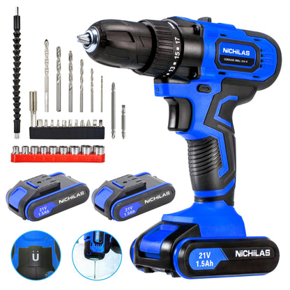 Cordless Drill, 21V Power Screwdriver 2 Variable Speed 3/8” Keyless Chuck, 1500mAh Battery and Charger for assembling, repairing and DIY