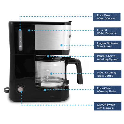 Hotel Guest Room Elite 4-Cup Brew & Drip Coffee Maker with Pause N Serve, Glass Carafe, Reusable Filter, On/Off Switch, Keep Warm, Water Level Indicator, Black