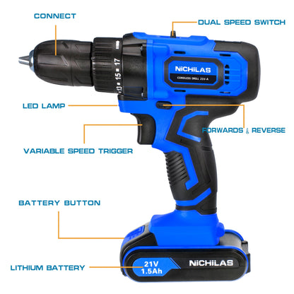 Cordless Drill, 21V Power Screwdriver 2 Variable Speed 3/8” Keyless Chuck, 1500mAh Battery and Charger for assembling, repairing and DIY