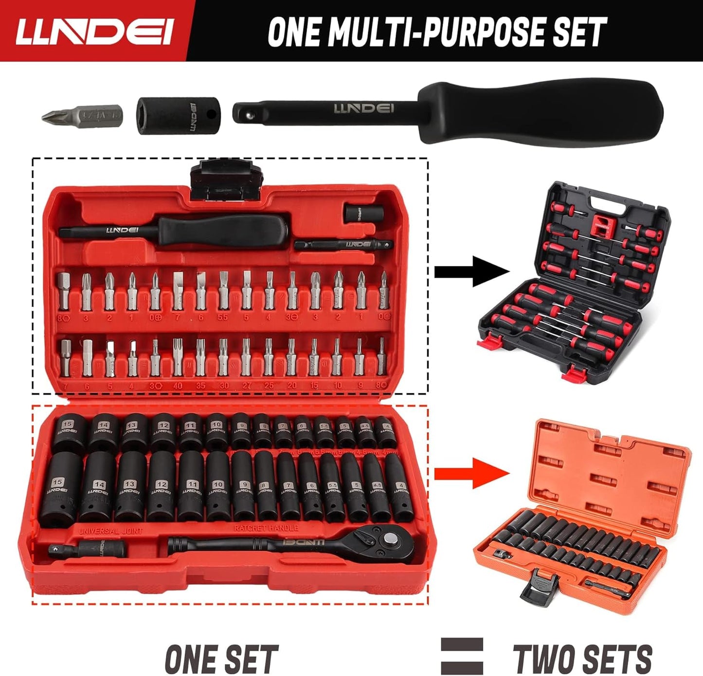 LLNDEI 1/4" Drive Socket Wrench Set, 1/4-Inch Impact Socket Set Metric(4-15mm) Deep and Shallow 6 Point, CR-V, 63PCS with 72T Ratchet Wrench Handle for Household&Automotive Repairing