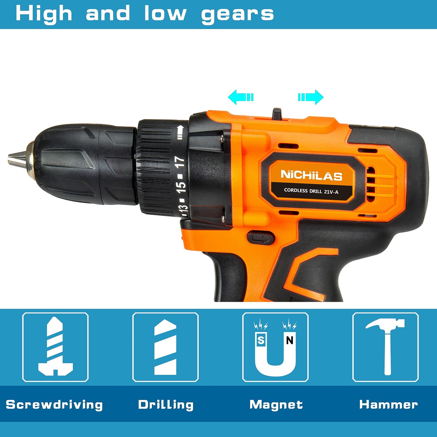 Cordless Drill, 21V Power Screwdriver 2 Variable Speed 3/8” Keyless Chuck, 1500mAh Battery and Charger for assembling, repairing and DIY