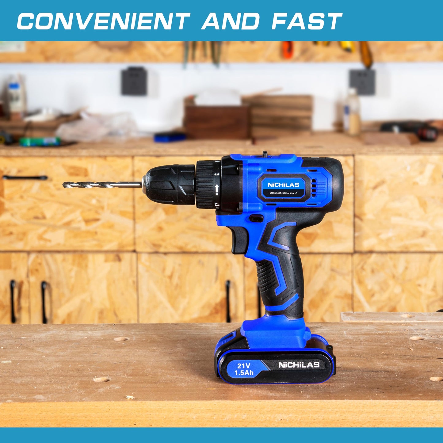 Cordless Drill, 21V Power Screwdriver 2 Variable Speed 3/8” Keyless Chuck, 1500mAh Battery and Charger for assembling, repairing and DIY