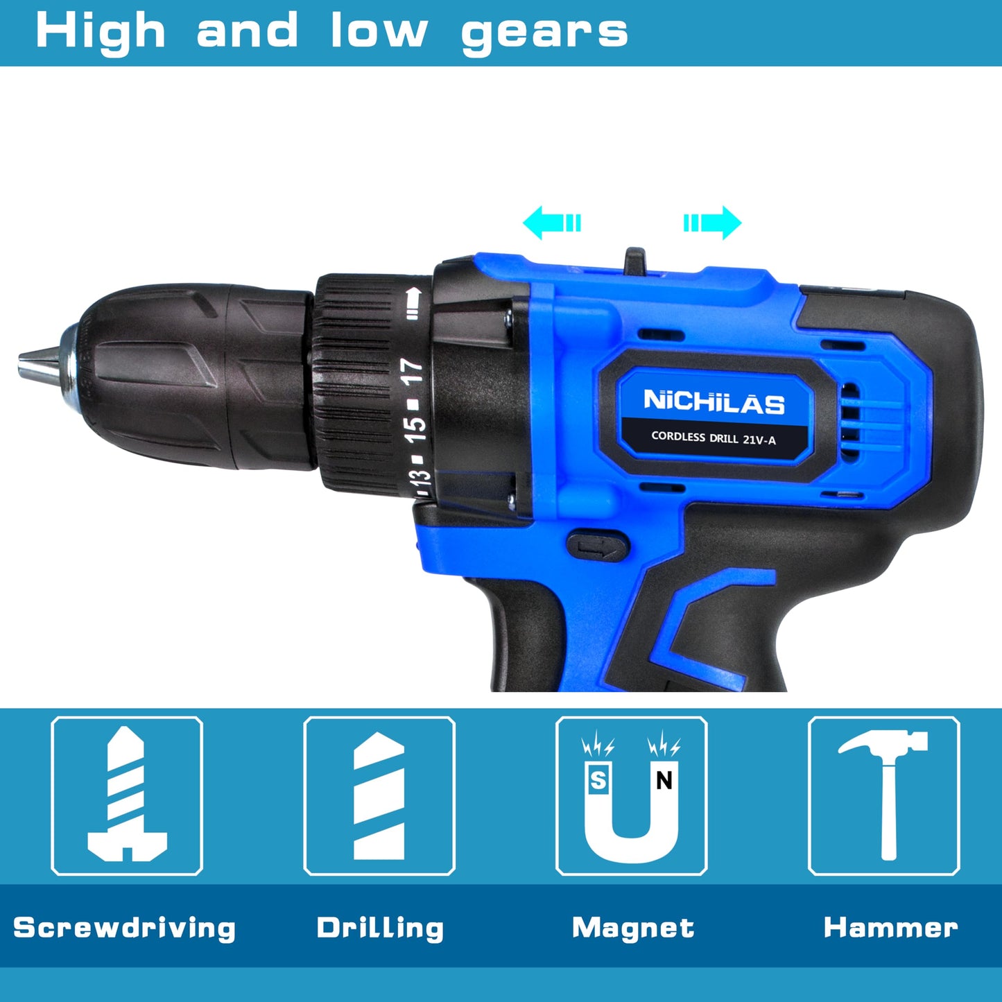 Cordless Drill, 21V Power Screwdriver 2 Variable Speed 3/8” Keyless Chuck, 1500mAh Battery and Charger for assembling, repairing and DIY