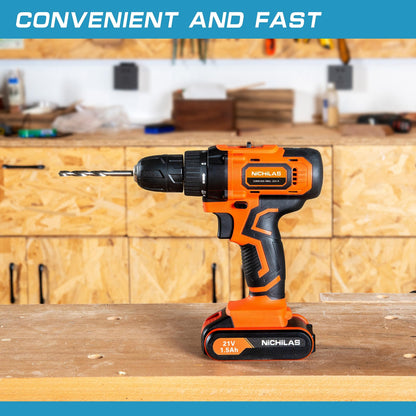 Cordless Drill, 21V Power Screwdriver 2 Variable Speed 3/8” Keyless Chuck, 1500mAh Battery and Charger for assembling, repairing and DIY